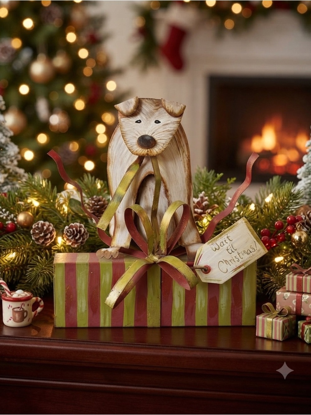 VintageTerrier Dog Metal Christmas Yard Porch Statue featuring a handpainted dog